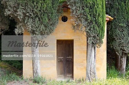A small Tuscan chapel surrounded by Cypress trees near Lucignano d'Asso, Tuscany, Italy, Europe A small Tuscan chapel surrounded by Cypress trees near Lucignano d'Asso, Tuscany, Italy, Europe