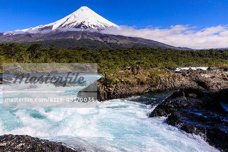 Petrohue rapids, snow-capped, conical Osorno volcano, Vicente Perez Rosales National Park, Spring, Lakes District, Chile, South America