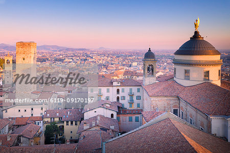 Cathedral of Bergamo with Torre del Gombito from above during sunset, Upper Town, Bergamo, Lombardy, Italy, Europe