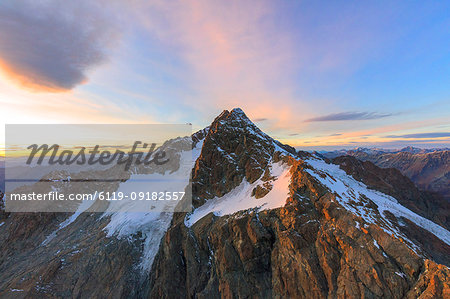 Aerial view of Monte Disgrazia at sunset, Valmalenco, Val Masino, Valtellina, Lombardy, province of Sondrio, Italy, Europe