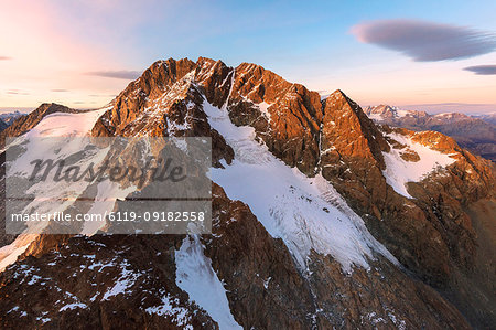 Aerial view of Monte Disgrazia at sunset, Valmalenco, Val Masino, Valtellina, Lombardy, Italy, Europe