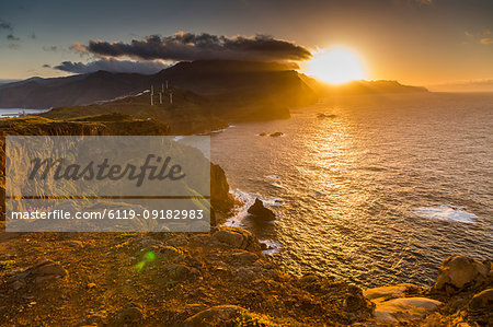 Rocky coast at the Ponta da Sao Lourenco at sunset, Eastern tip of the island, Madeira, Portugal, Atlantic, Europe Rocky coast at the Ponta da Sao Lourenco at sunset, Eastern tip of the island, Madeira, Portugal, Atlantic, Europe