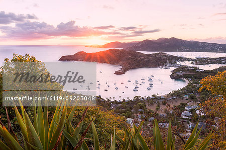 Overview of English Harbour from Shirley Heights at sunset, Antigua, Antigua and Barbuda, Leeward Islands, West Indies, Caribbean, Central America