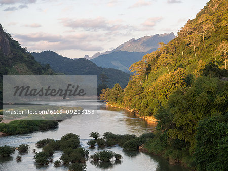View of mountains and the Nam Ou River, Nong Khiaw, Laos, Indochina, Southeast Asia, Asia
