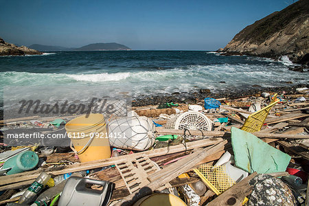 Beach covered in plastic rubbish, Lap Sap Wan, New Territories, Hong Kong, China, Asia