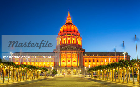 View of San Francisco City Hall illuminated at night, San Francisco, California, United States of America, North America