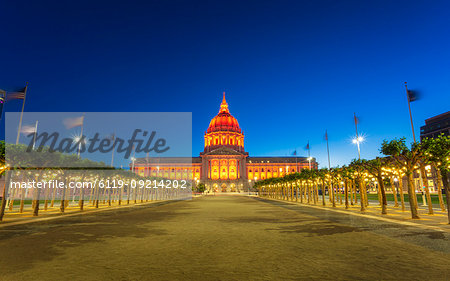 View of San Francisco City Hall illuminated at night, San Francisco, California, United States of America, North America