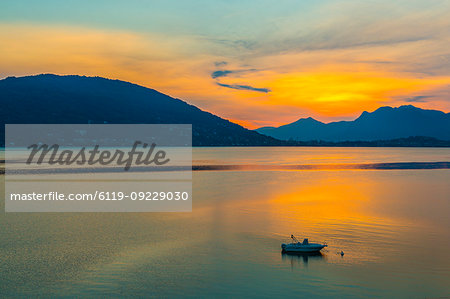 View of sunrise on Lake Maggiore from Baveno, Lago Maggiore, Piedmont, Italian Lakes, Italy, Europe