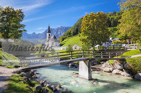 Church by Ramsauer Ache river in Bavaria, Germany, Europe