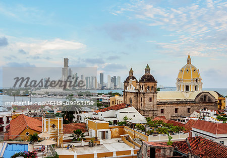 View over Old Town towards San Pedro Claver Church and Bocagrande, Cartagena, Bolivar Department, Colombia, South America
