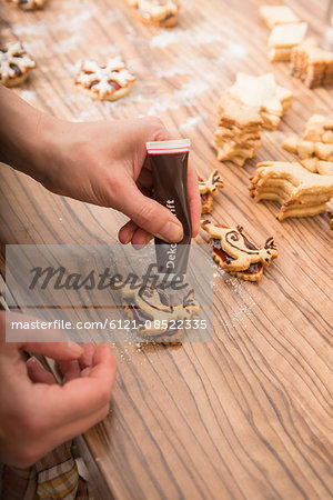 Close-up of a woman decorating reindeer shaped cookies, Munich, Bavaria, Germany Close-up of a woman decorating reindeer shaped cookies, Munich, Bavaria, Germany