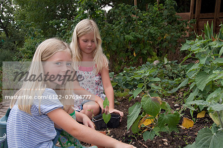 Girls gardening in vegetable garden