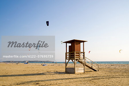 Lifeguard tower on beach, Playa de Los Lances, Tarifa, Spain