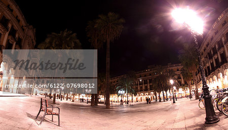 Panorama of Placa Reial at night, Barcelona, Spain