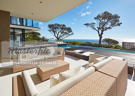 Modern luxury home showcase patio with sunny ocean view