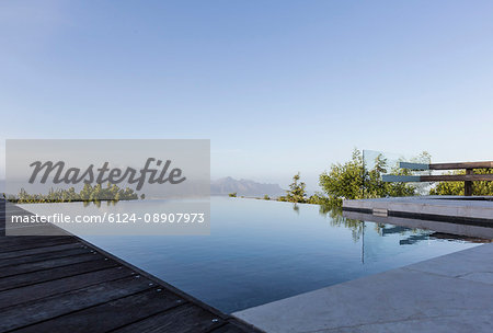 Tranquil luxury infinity pool with mountain view below blue sky