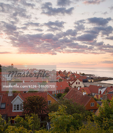 Denmark, Bornholm, Gudhjem, Townscape with Baltic sea in background