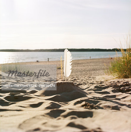 Finland, Pori, Yyteri, Sandcastle with feather on sandy beach