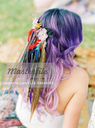 Sweden Bride With Flowers And Feathers In Purple Hair At Hippie