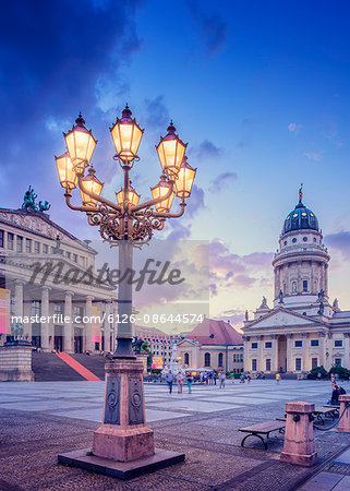 Germany, Berlin, Gendarmenmarkt, Illuminated lantern on city square