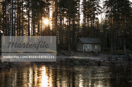 Finland, Pirkanmaa, Ruovesi, Wooden cottage in forest by pond