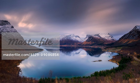 Bergsbotn early dawn lights, Senja Island Troms, County Norway Europe