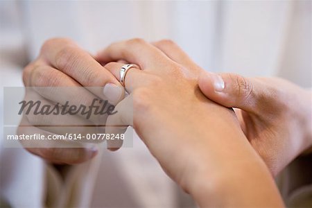 Groom placing wedding ring on brides finger