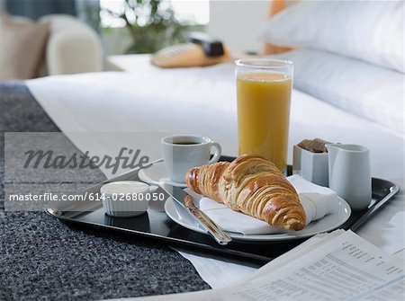 Breakfast tray on a hotel bed