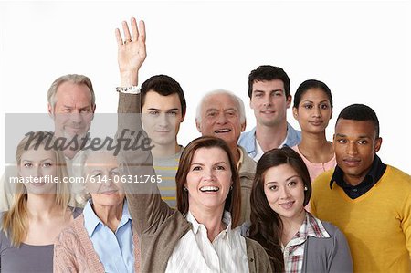 Group of people, woman with arm raised