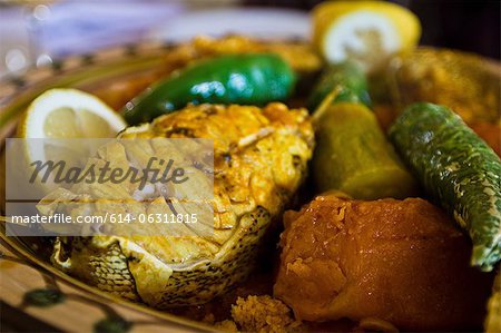 Tunisian restaurant dish of grouper with vegetables, Djerba