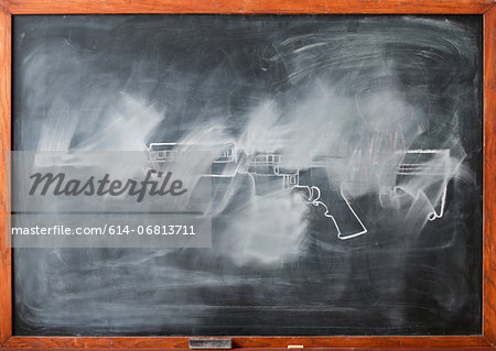 Partially erased chalk drawing of gun on blackboard