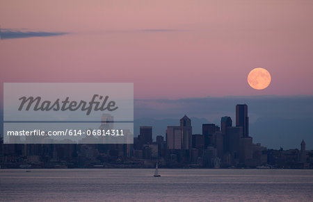 Moon over skyline, Seattle, USA