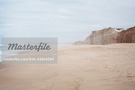 Peaceful beach scene with cliffs