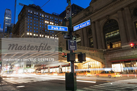 Street signs outside Grand Central Station, New York City, USA