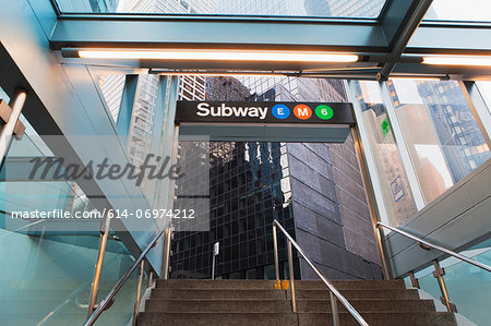 Office buildings and subway entrance, New York City, USA