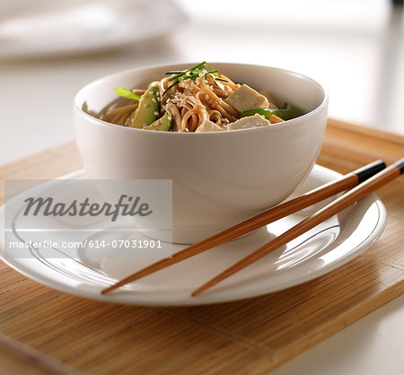 Soba noodles and tofu in white bowl