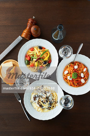 Still life with selection of spaghetti dishes