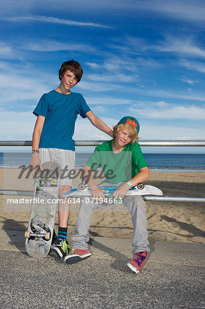Portrait of two skateboarding friends