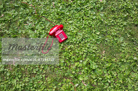 Red retro telephone on grass