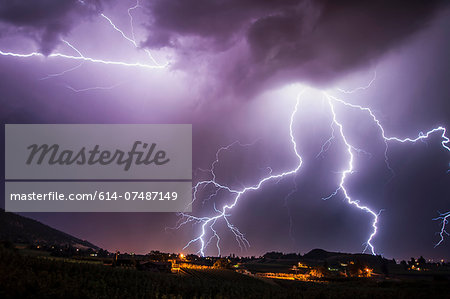 Lightning bolts over south Okanagan Valley, Penticton, British Columbia, Canada
