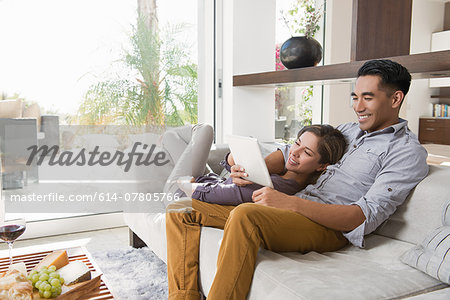 Couple on sitting room sofa looking at digital tablet