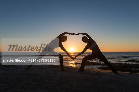 We Love Yoga Illustration Of Young Couple Doing Exercise Pose In Heart Shape.  Funny Flat Cartoon Design For Romantic Gym Date Or Fitness Partner Concept.  Royalty Free SVG, Cliparts, Vectors, and Stock