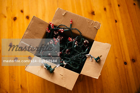 Christmas lights in cardboard box