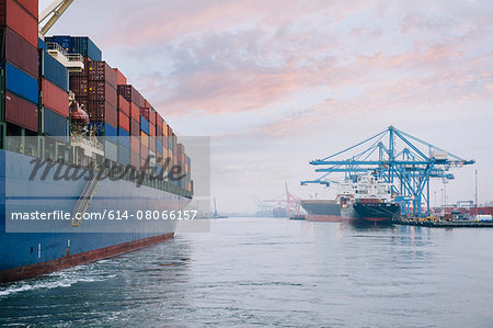 Container ship on river harbor, Tacoma, Washington, USA