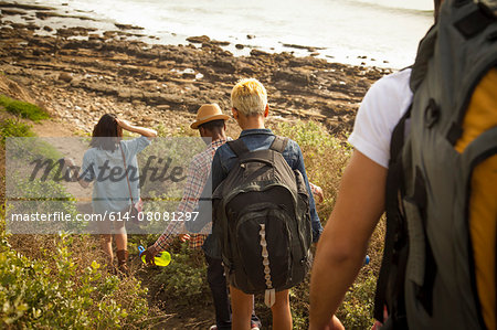 Group of friends walking down towards beach, rear view