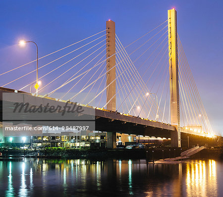 View of Tacoma Narrows bridge and the Narrows at night, Tacoma, Washington, USA