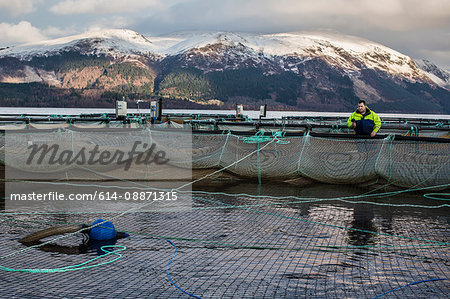 Worker at salmon farm in rural lake