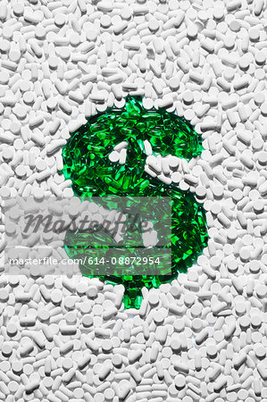 Green dollar sign made up of pills