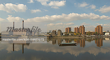 Cityscape with industrial buildings on River Thames, Chelsea, London