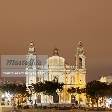 Parish Church in Msida illuminated at night, Malta